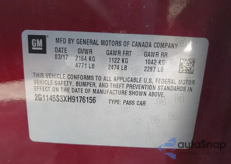 2017 Chevrolet Impala 2Lz из США, поврежденный, VIN 2G1145S3XH9176156